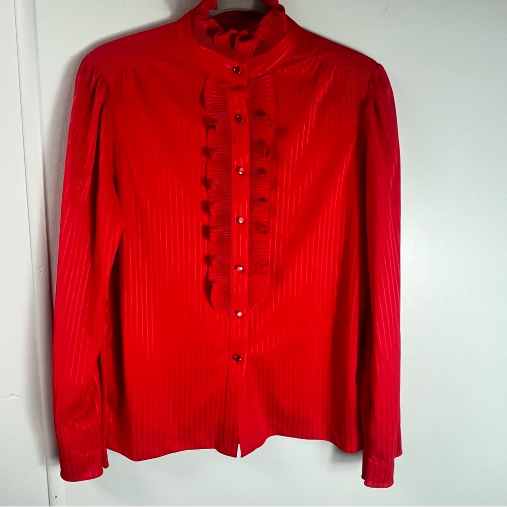 Vintage Rhoda Lee Red Stripped Button Up With Ruffle Collar Long Sleeve Size 16